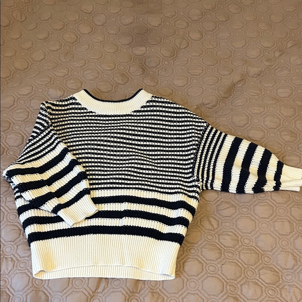 Ann Taylor Navy and White Striped Short-Sleeve Sweater
